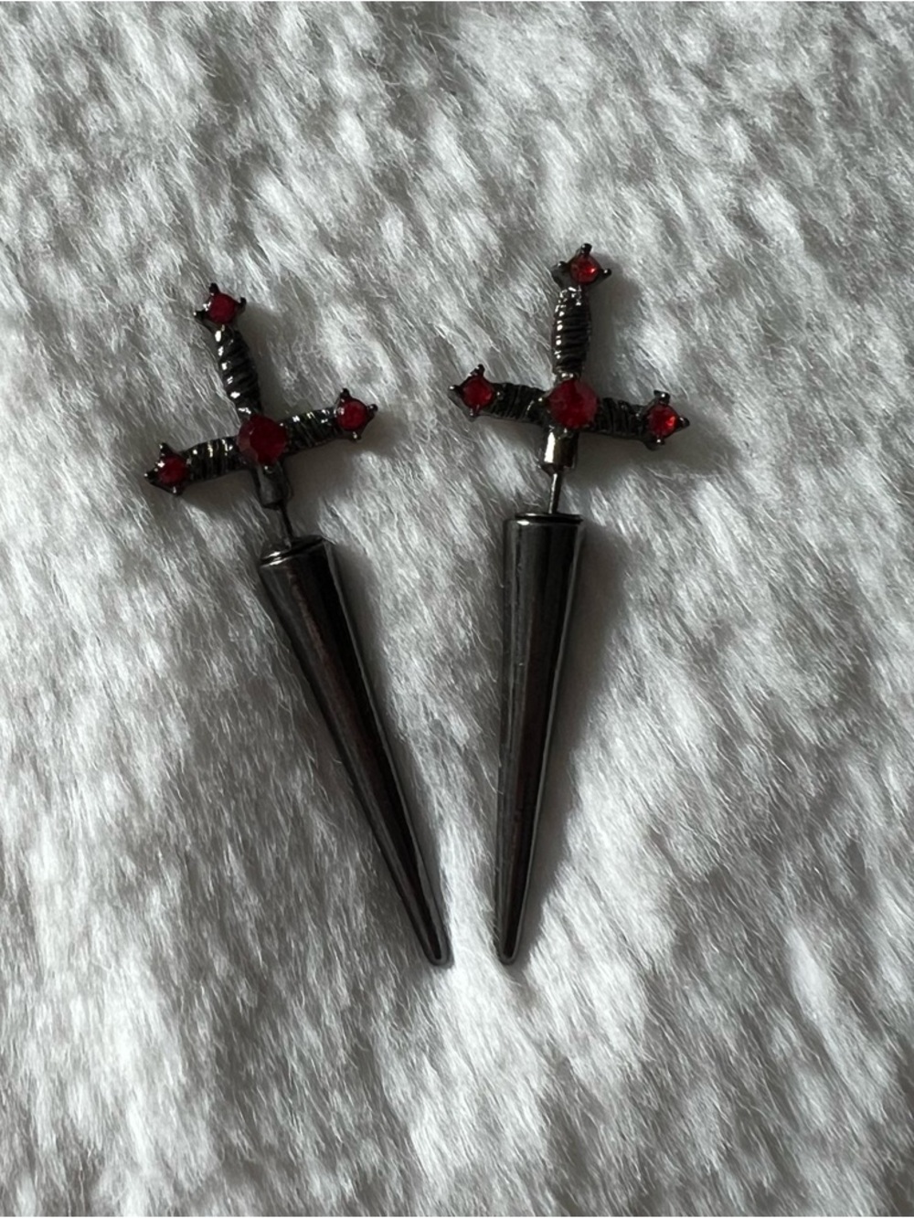 Black Tone Sword Cross Dangle Earrings Red Accents Gothic Fashion Jewelry